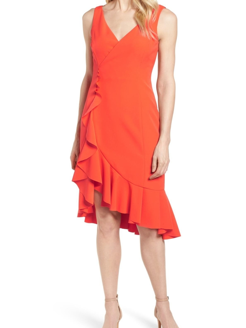 Vince Camuto Coral Ruffle High-Low Faux Wrap Dress